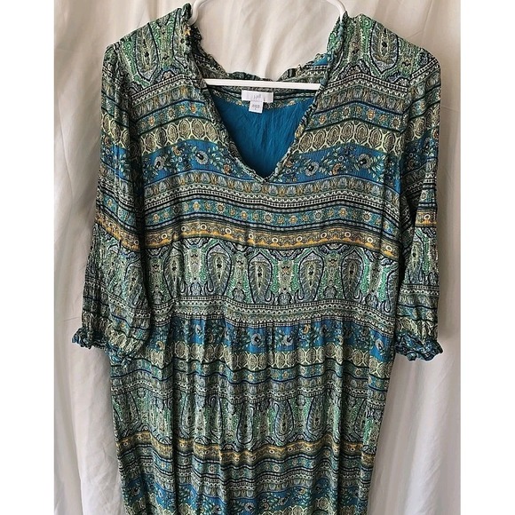 J Jill Long Dress 3/4 Sleeve V-neck Green Blue Paisley Size L Boho Cottagecore - Picture 2 of 15